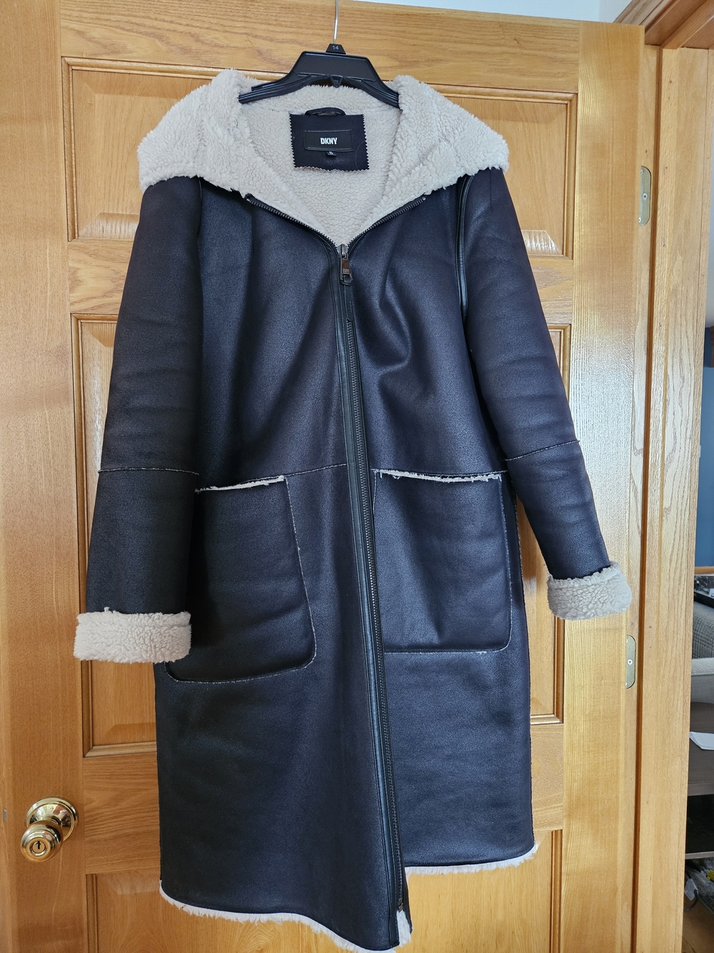 DKNY Dark Brown Long Faux Shearling-Trim Coat